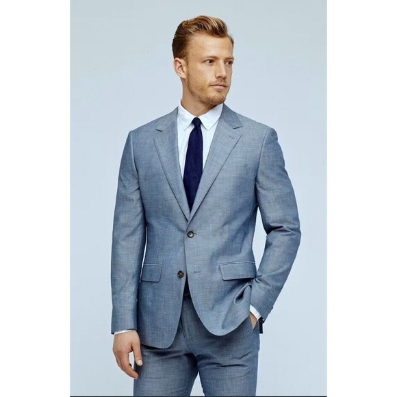 BONOBOS Mens Sz 40R Slim Fit Cotton Blue Chambray Sport Coat BLAZER JACKET $350
